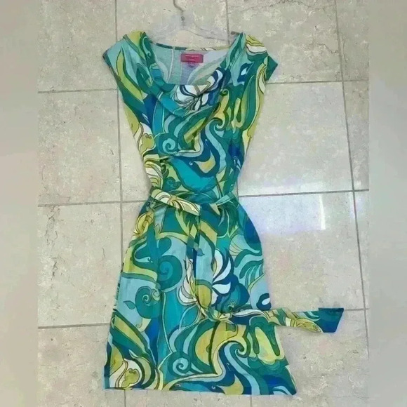 Trina Turk Collection Small Blue Green Floral Cowl Neck Sleeveless
Dress‎ EUC - Picture 3 of 8